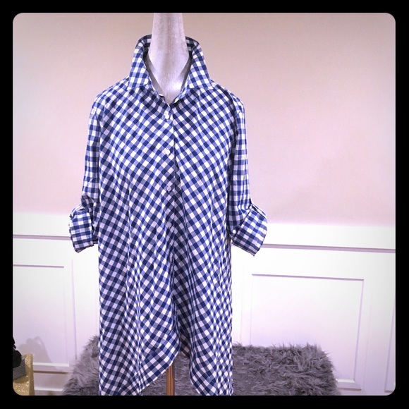 Anne Klein Tops - Asymmetrical Blue and White Checker Shirt